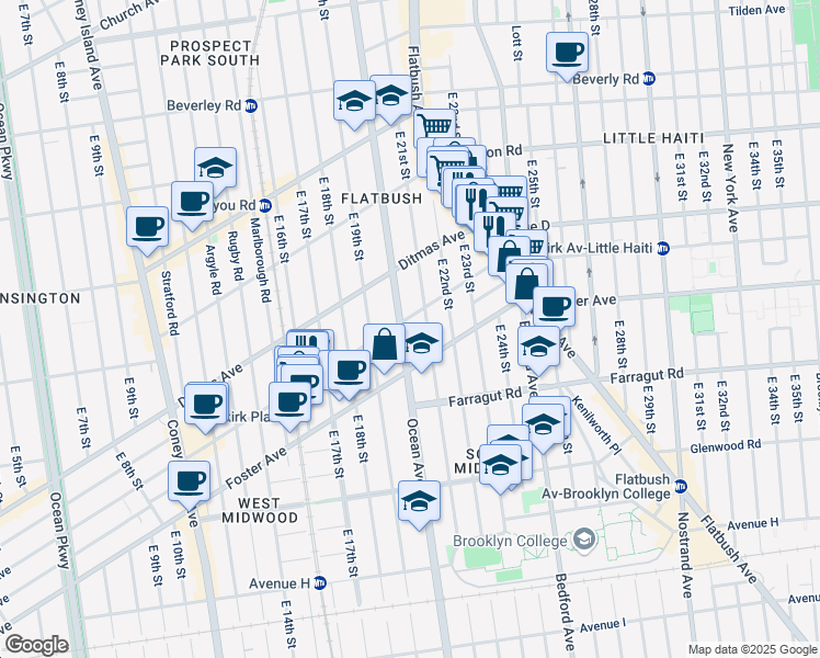 map of restaurants, bars, coffee shops, grocery stores, and more near 1000 Ocean Avenue in Brooklyn