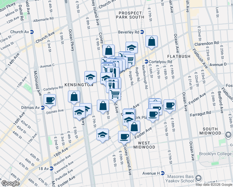 map of restaurants, bars, coffee shops, grocery stores, and more near 797 Coney Island Avenue in Brooklyn