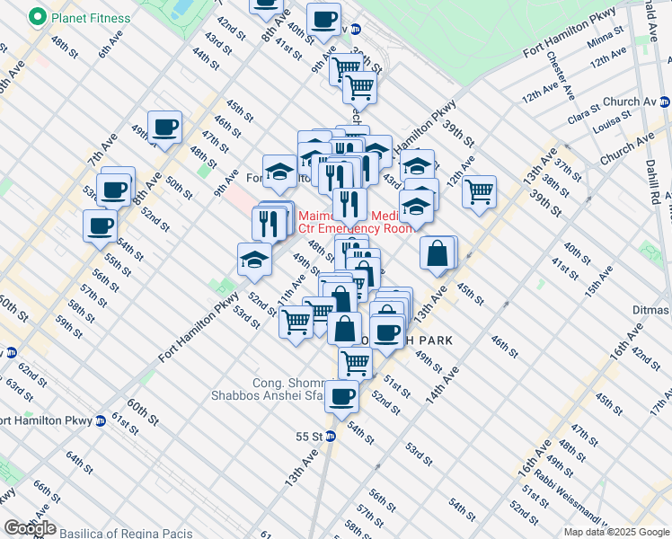 map of restaurants, bars, coffee shops, grocery stores, and more near 1123 48th Street in Brooklyn