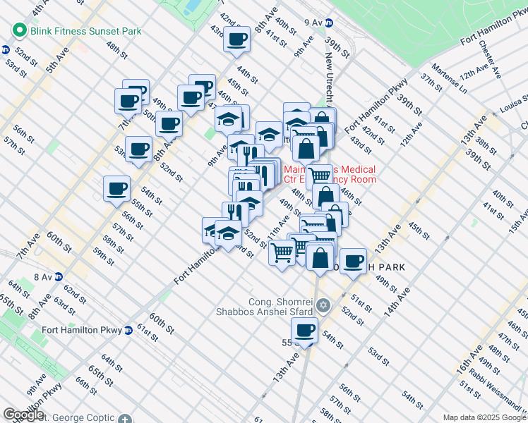 map of restaurants, bars, coffee shops, grocery stores, and more near 1043 50th Street in Brooklyn