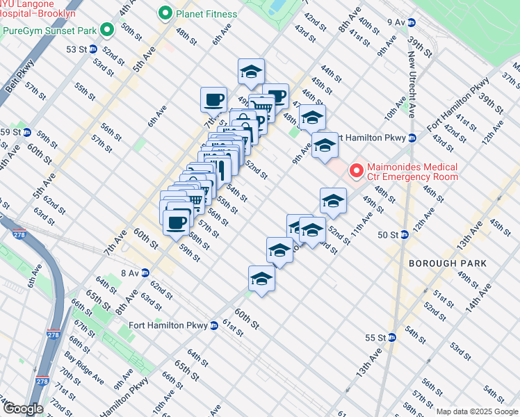 map of restaurants, bars, coffee shops, grocery stores, and more near 871 54th Street in Brooklyn