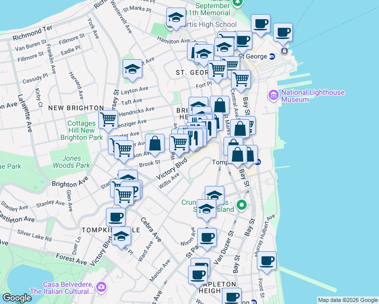 map of restaurants, bars, coffee shops, grocery stores, and more near 52 Corson Avenue in Staten Island