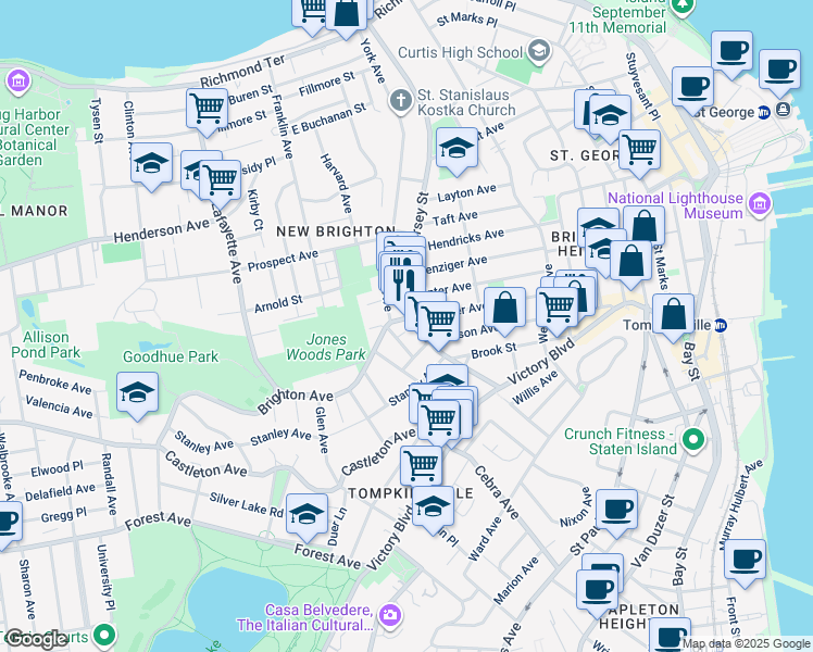 map of restaurants, bars, coffee shops, grocery stores, and more near 363 York Avenue in Staten Island
