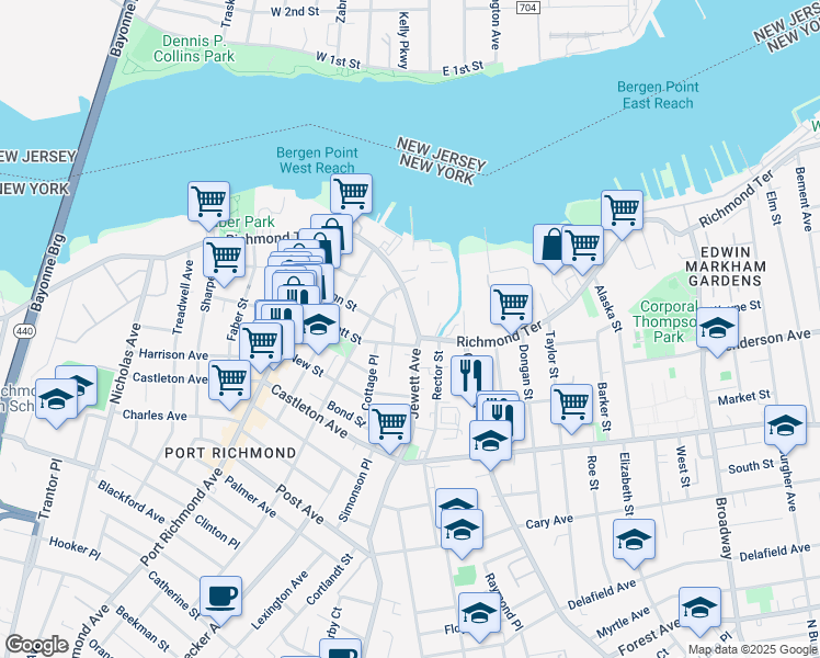 map of restaurants, bars, coffee shops, grocery stores, and more near 1933 Richmond Terrace in Staten Island