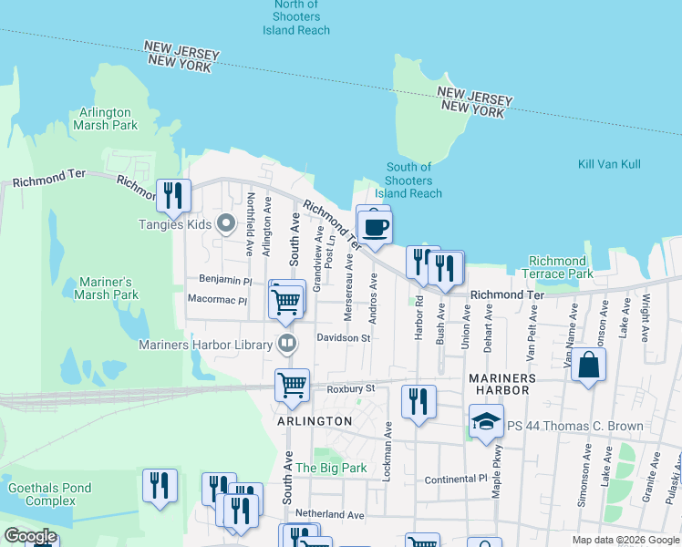 map of restaurants, bars, coffee shops, grocery stores, and more near 57 Post Lane in Staten Island
