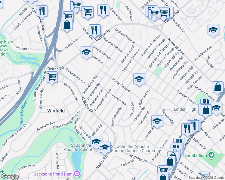 map of restaurants, bars, coffee shops, grocery stores, and more near 423 Fernwood Terrace in Linden