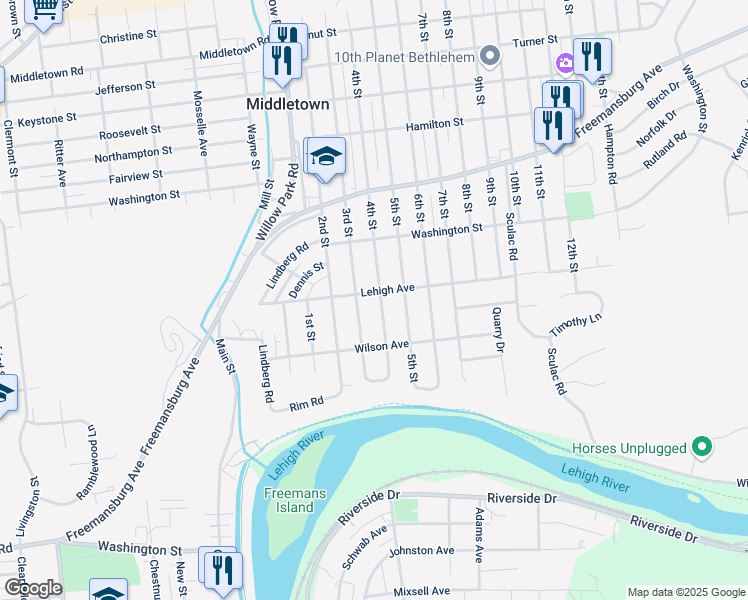 map of restaurants, bars, coffee shops, grocery stores, and more near 3401 Lehigh Avenue in Bethlehem