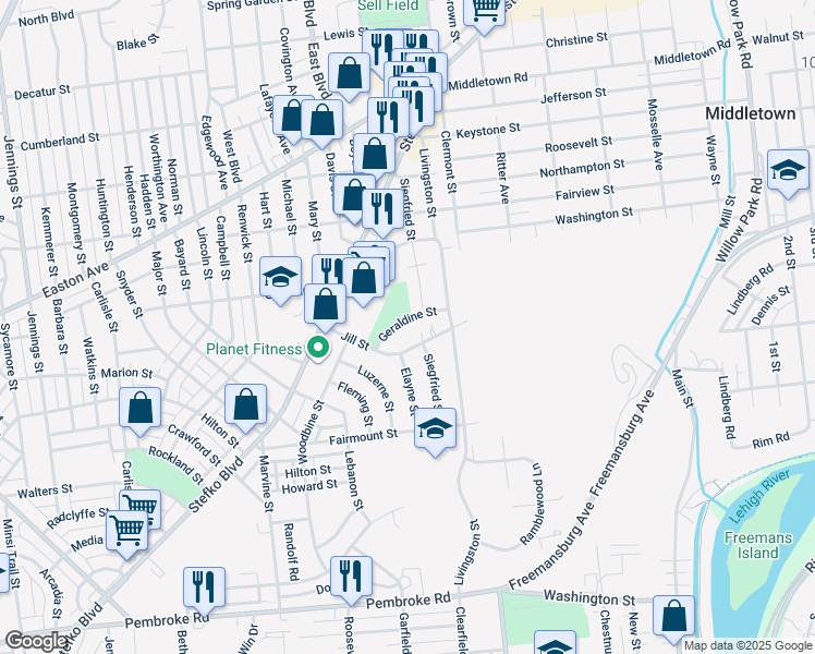 map of restaurants, bars, coffee shops, grocery stores, and more near 1525 Geraldine Street in Bethlehem