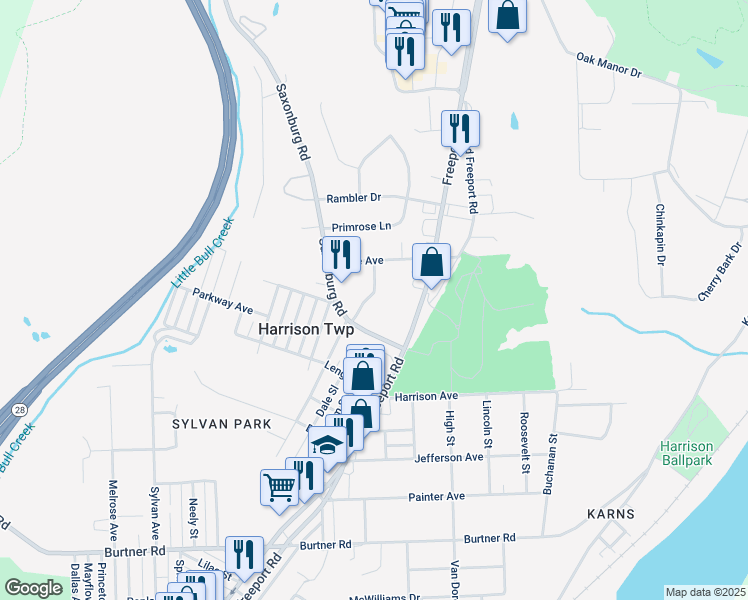 map of restaurants, bars, coffee shops, grocery stores, and more near 1212 Saxonburg Road in Natrona Heights