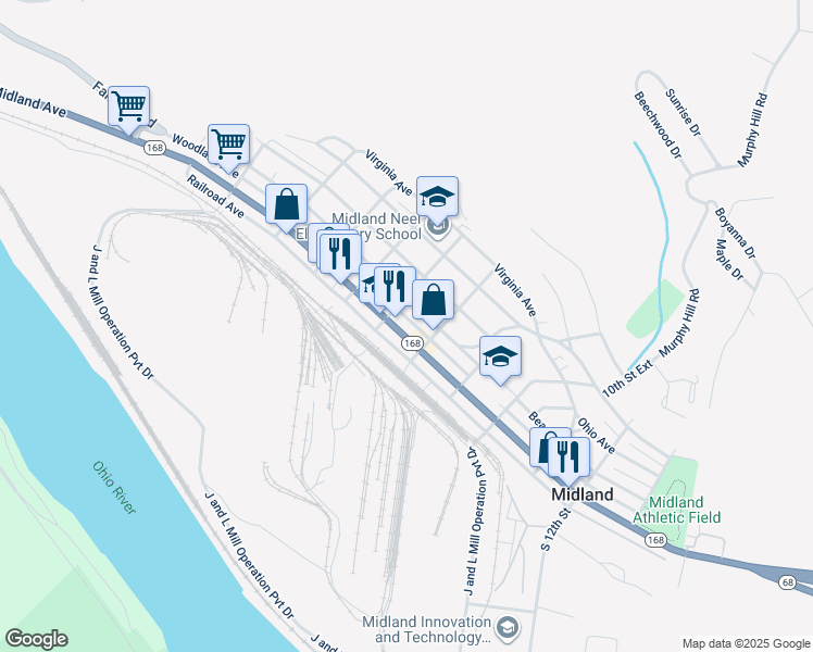 map of restaurants, bars, coffee shops, grocery stores, and more near 9 7th Street in Midland