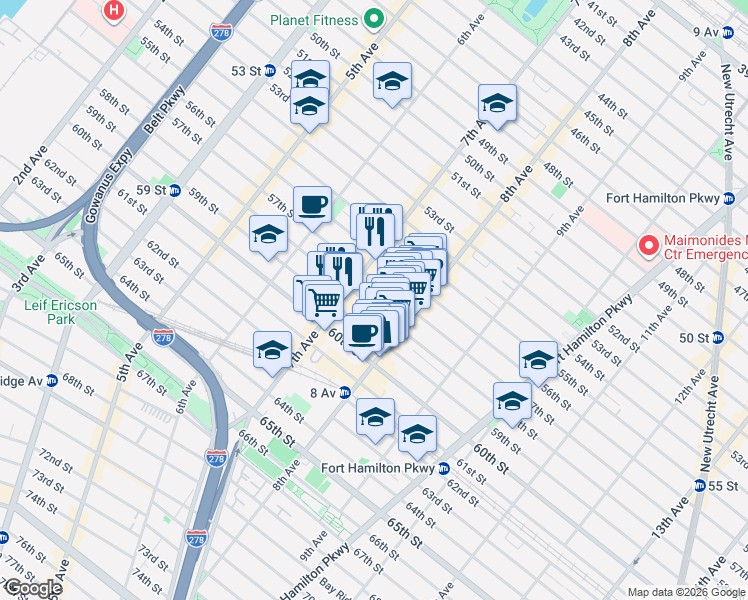 map of restaurants, bars, coffee shops, grocery stores, and more near 5717 7th Avenue in Brooklyn