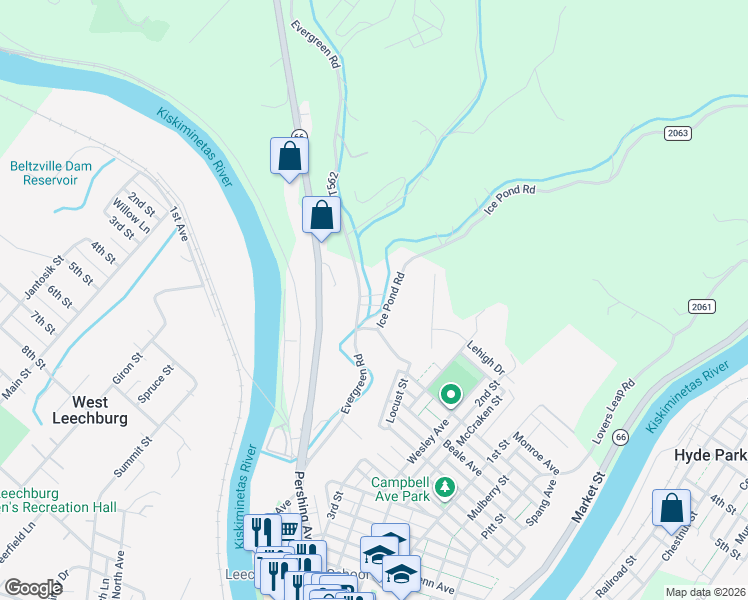 map of restaurants, bars, coffee shops, grocery stores, and more near 133 Ice Pond Road in Leechburg