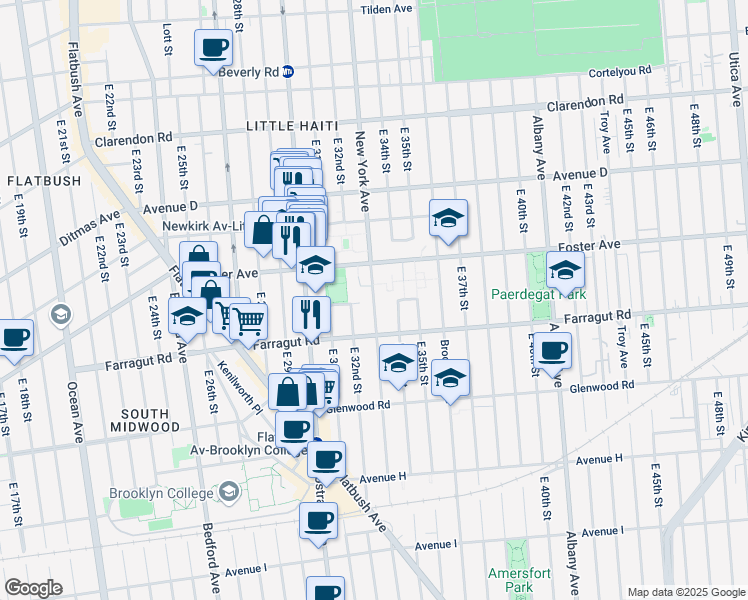 map of restaurants, bars, coffee shops, grocery stores, and more near 1416 New York Avenue in Brooklyn