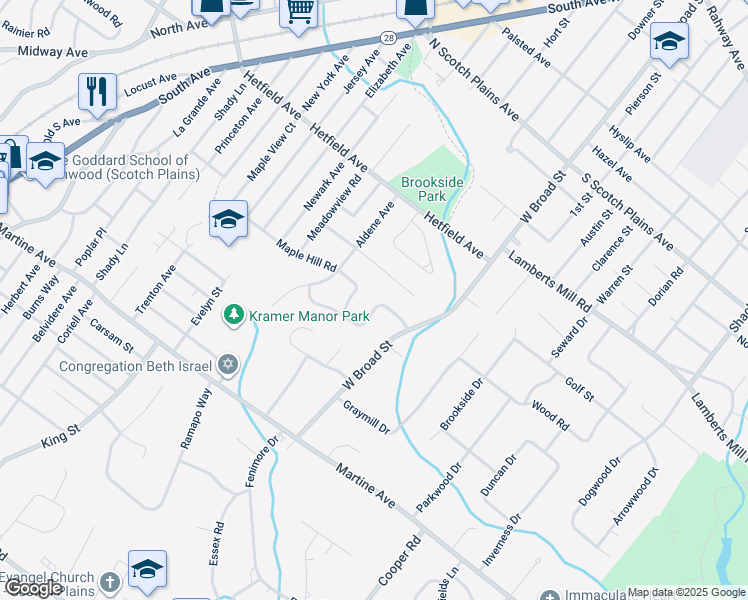 map of restaurants, bars, coffee shops, grocery stores, and more near 1285 White Oak Road in Scotch Plains