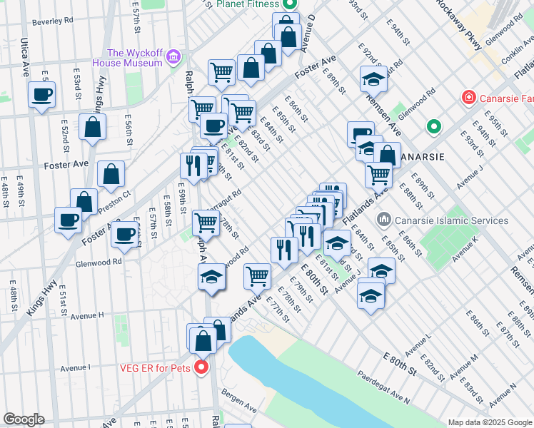 map of restaurants, bars, coffee shops, grocery stores, and more near 649 East 80th Street in Brooklyn