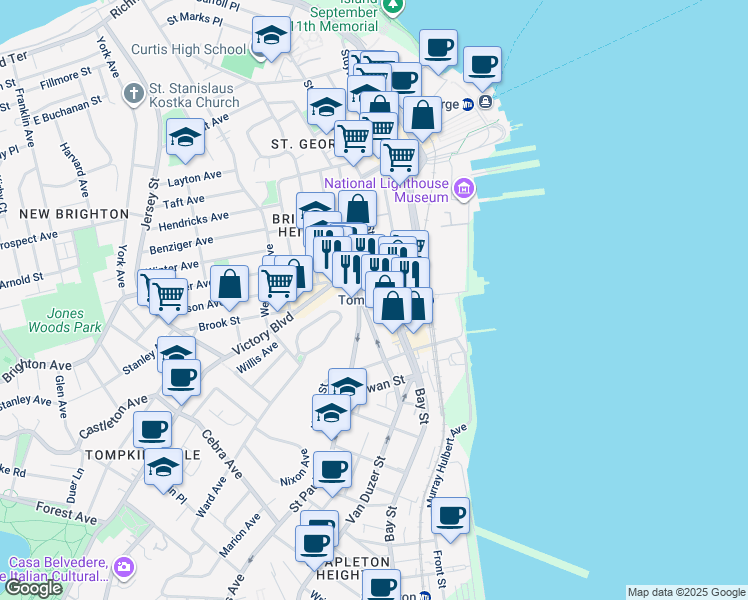 map of restaurants, bars, coffee shops, grocery stores, and more near 16 Saint Pauls Avenue in Staten Island