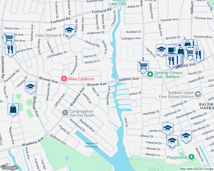 map of restaurants, bars, coffee shops, grocery stores, and more near 3265 Brower Avenue in Oceanside
