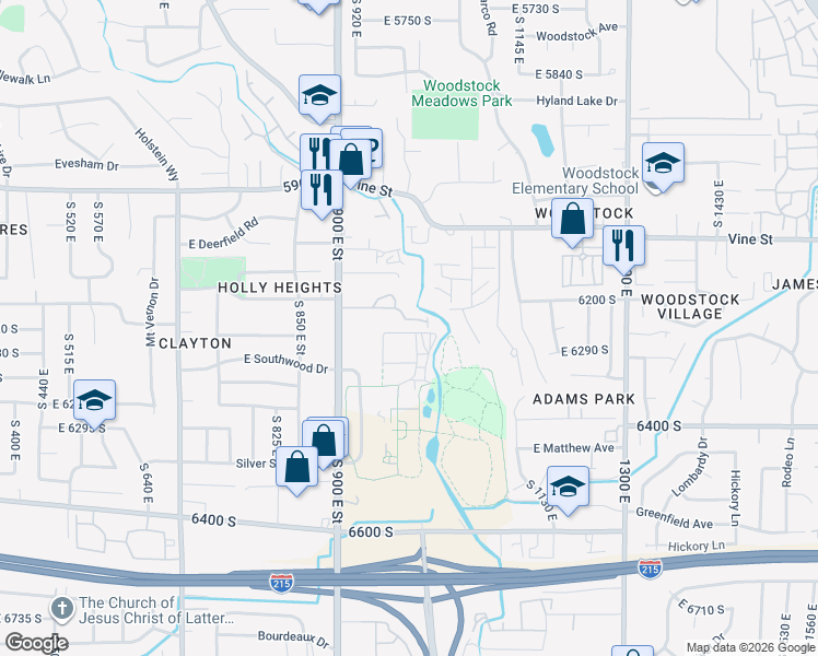map of restaurants, bars, coffee shops, grocery stores, and more near 986 East Wheeler Farm Cove in Murray