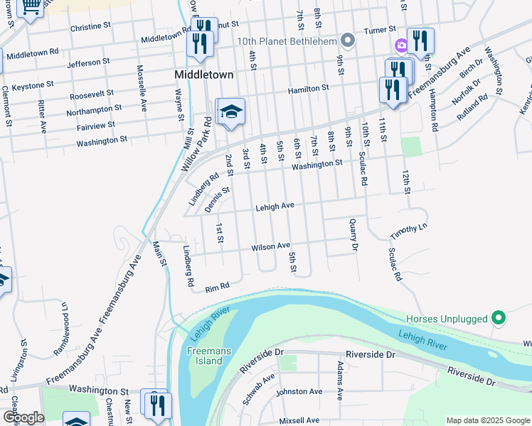 map of restaurants, bars, coffee shops, grocery stores, and more near 3401 Lehigh Avenue in Bethlehem
