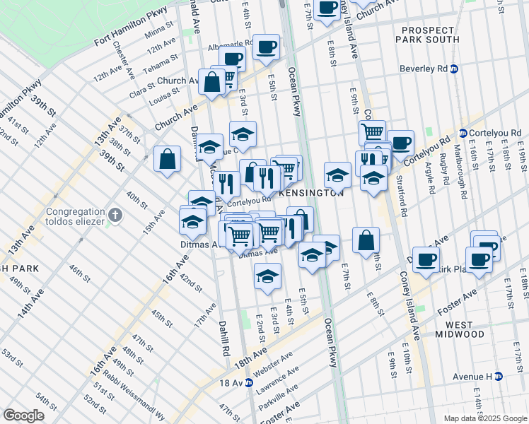 map of restaurants, bars, coffee shops, grocery stores, and more near 605 East 3rd Street in Brooklyn