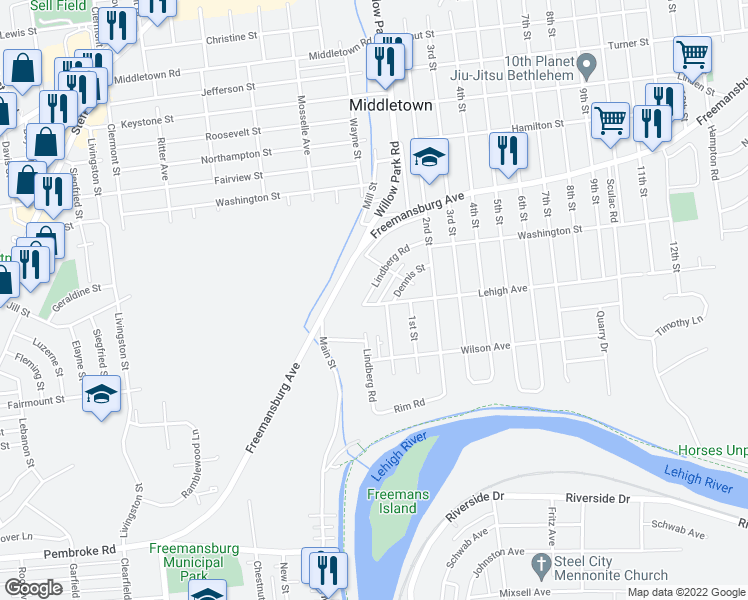 map of restaurants, bars, coffee shops, grocery stores, and more near 1622 Lindberg Road in Bethlehem