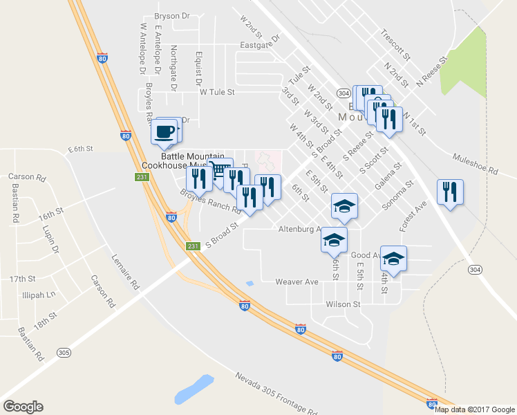 map of restaurants, bars, coffee shops, grocery stores, and more near South Broad Street in Battle Mountain