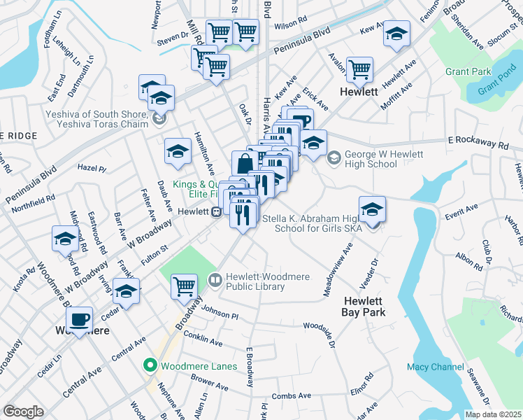 map of restaurants, bars, coffee shops, grocery stores, and more near 1 Piermont Avenue in Hewlett