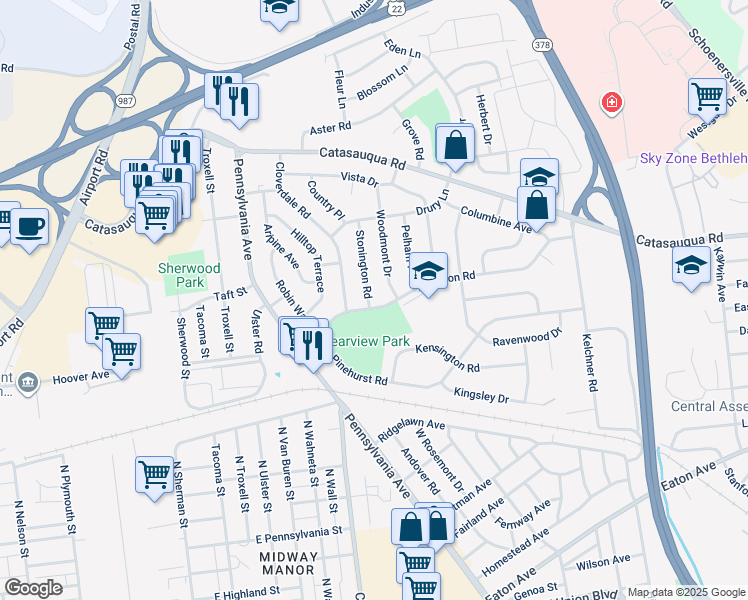map of restaurants, bars, coffee shops, grocery stores, and more near 2178 Abington Road in Bethlehem