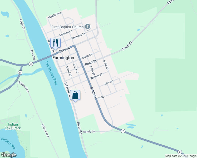 map of restaurants, bars, coffee shops, grocery stores, and more near 500-598 Walnut Street in Farmington