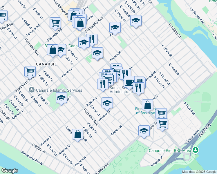 map of restaurants, bars, coffee shops, grocery stores, and more near East 95th Street & Avenue L in Brooklyn