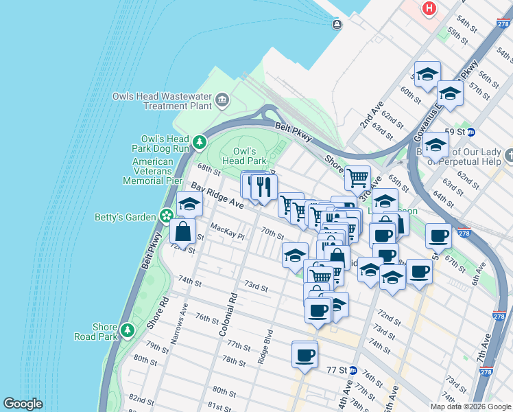 map of restaurants, bars, coffee shops, grocery stores, and more near 6801 Colonial Road in Brooklyn