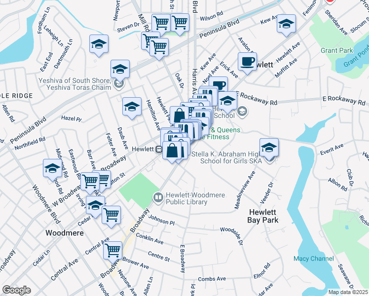 map of restaurants, bars, coffee shops, grocery stores, and more near 1245 Hewlett Plaza in Hewlett