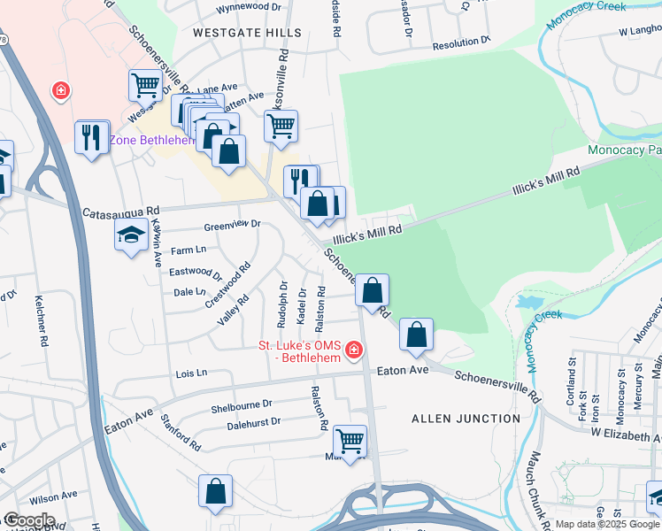 map of restaurants, bars, coffee shops, grocery stores, and more near 1737 Schoenersville Road in Bethlehem