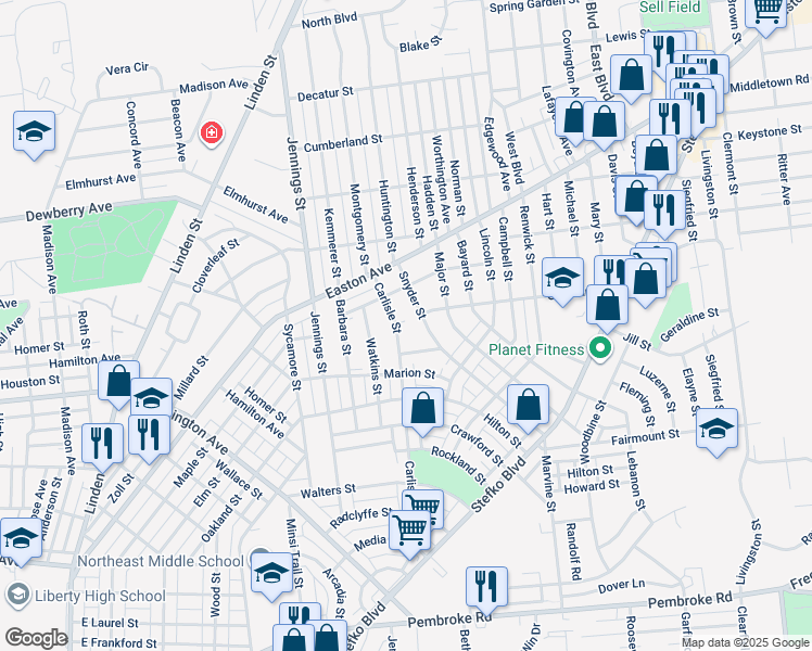map of restaurants, bars, coffee shops, grocery stores, and more near 1832 Carlisle Street in Bethlehem