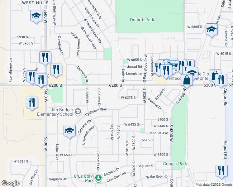 map of restaurants, bars, coffee shops, grocery stores, and more near 6252 Waller Lane in West Jordan
