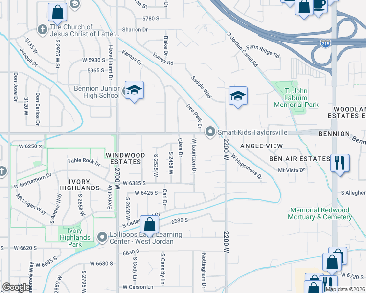 map of restaurants, bars, coffee shops, grocery stores, and more near 2422 West 6255 South in West Jordan