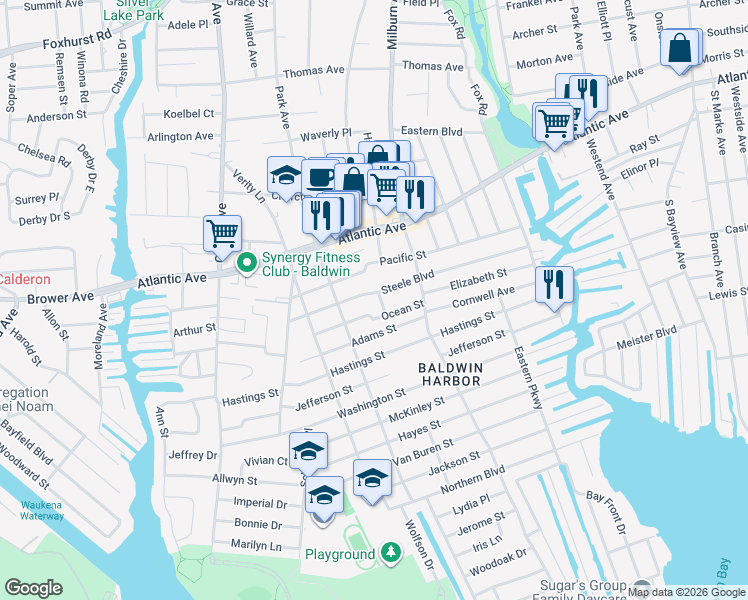 map of restaurants, bars, coffee shops, grocery stores, and more near 943 Steele Boulevard in Baldwin