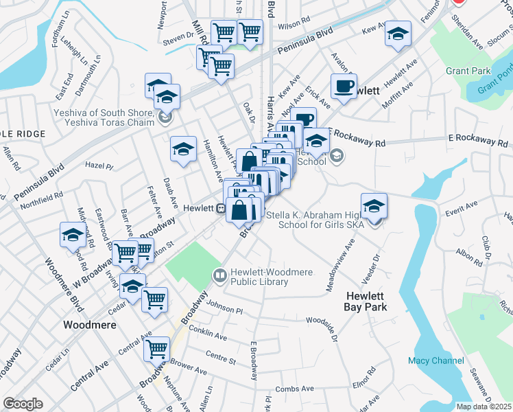map of restaurants, bars, coffee shops, grocery stores, and more near 1245 Hewlett Plaza in Hewlett