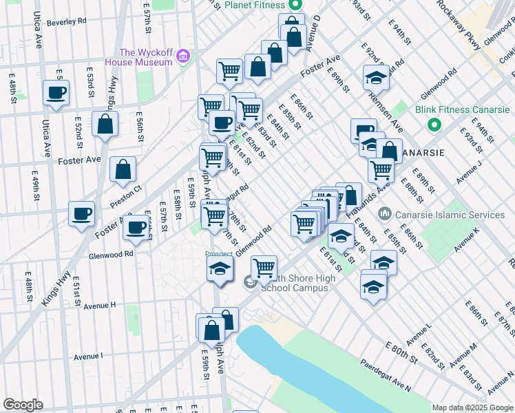 map of restaurants, bars, coffee shops, grocery stores, and more near 649 East 80th Street in Brooklyn