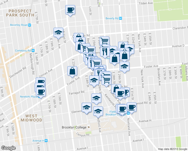 map of restaurants, bars, coffee shops, grocery stores, and more near 1351 Flatbush Avenue in Brooklyn