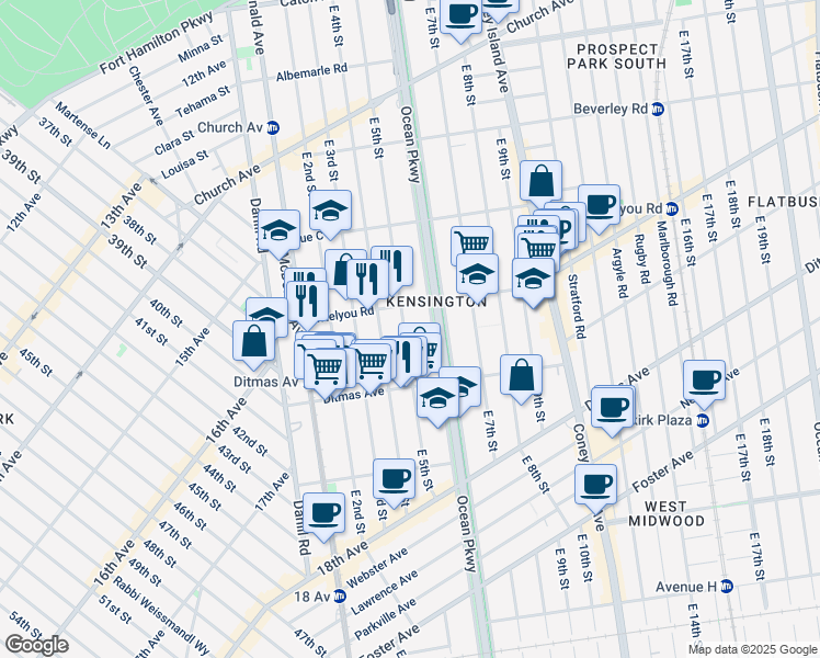 map of restaurants, bars, coffee shops, grocery stores, and more near 583 East 5th Street in Brooklyn