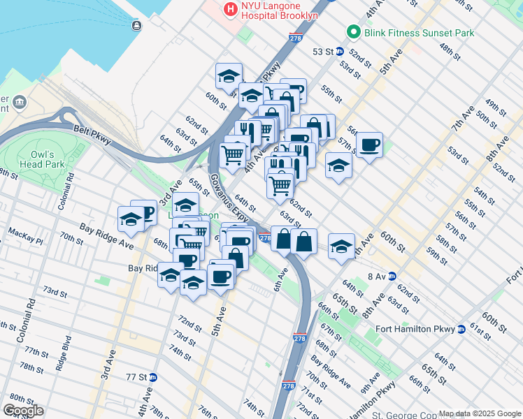 map of restaurants, bars, coffee shops, grocery stores, and more near 454 63rd Street in Brooklyn