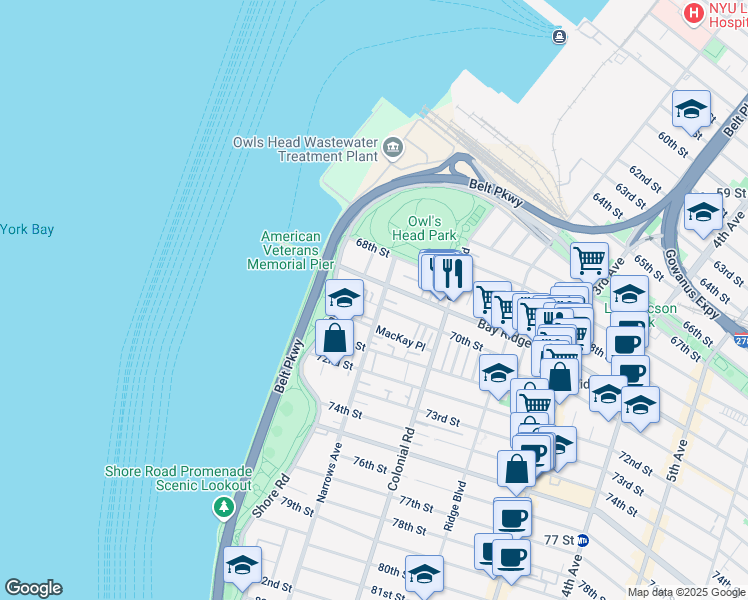 map of restaurants, bars, coffee shops, grocery stores, and more near 62 Bay Ridge Avenue in Brooklyn