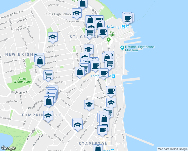 map of restaurants, bars, coffee shops, grocery stores, and more near 72 Victory Boulevard in Staten Island