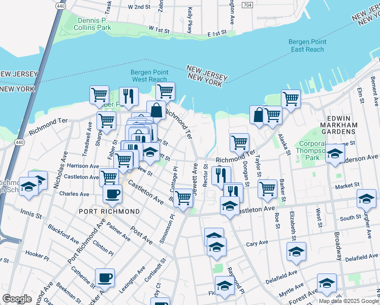 map of restaurants, bars, coffee shops, grocery stores, and more near 1933 Richmond Terrace in Staten Island