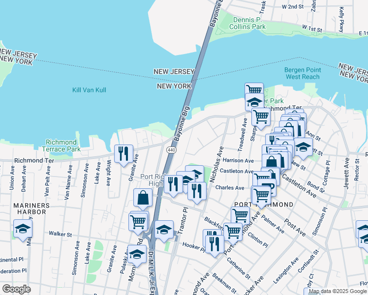 map of restaurants, bars, coffee shops, grocery stores, and more near 15 Newark Avenue in Staten Island