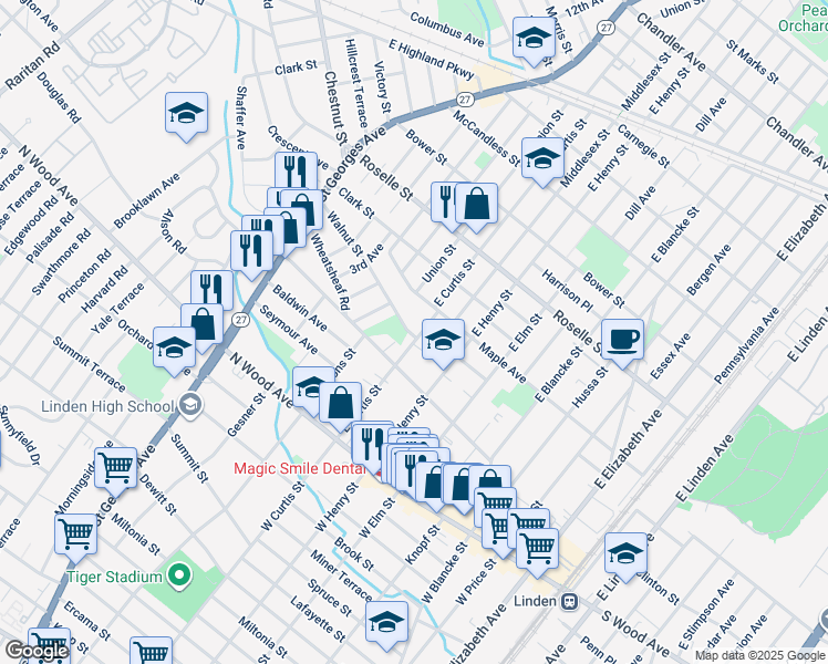map of restaurants, bars, coffee shops, grocery stores, and more near 724 Walnut Street in Linden