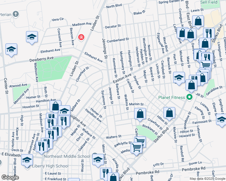 map of restaurants, bars, coffee shops, grocery stores, and more near 1879 Barbara Street in Bethlehem