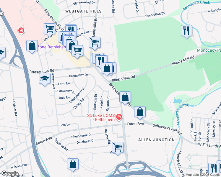 map of restaurants, bars, coffee shops, grocery stores, and more near 1737 Schoenersville Road in Bethlehem