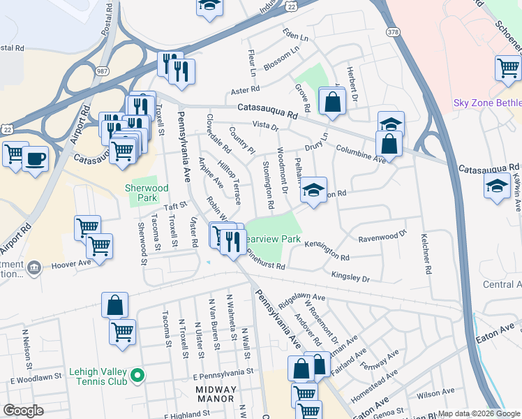 map of restaurants, bars, coffee shops, grocery stores, and more near 1828 Cloverdale Road in Bethlehem